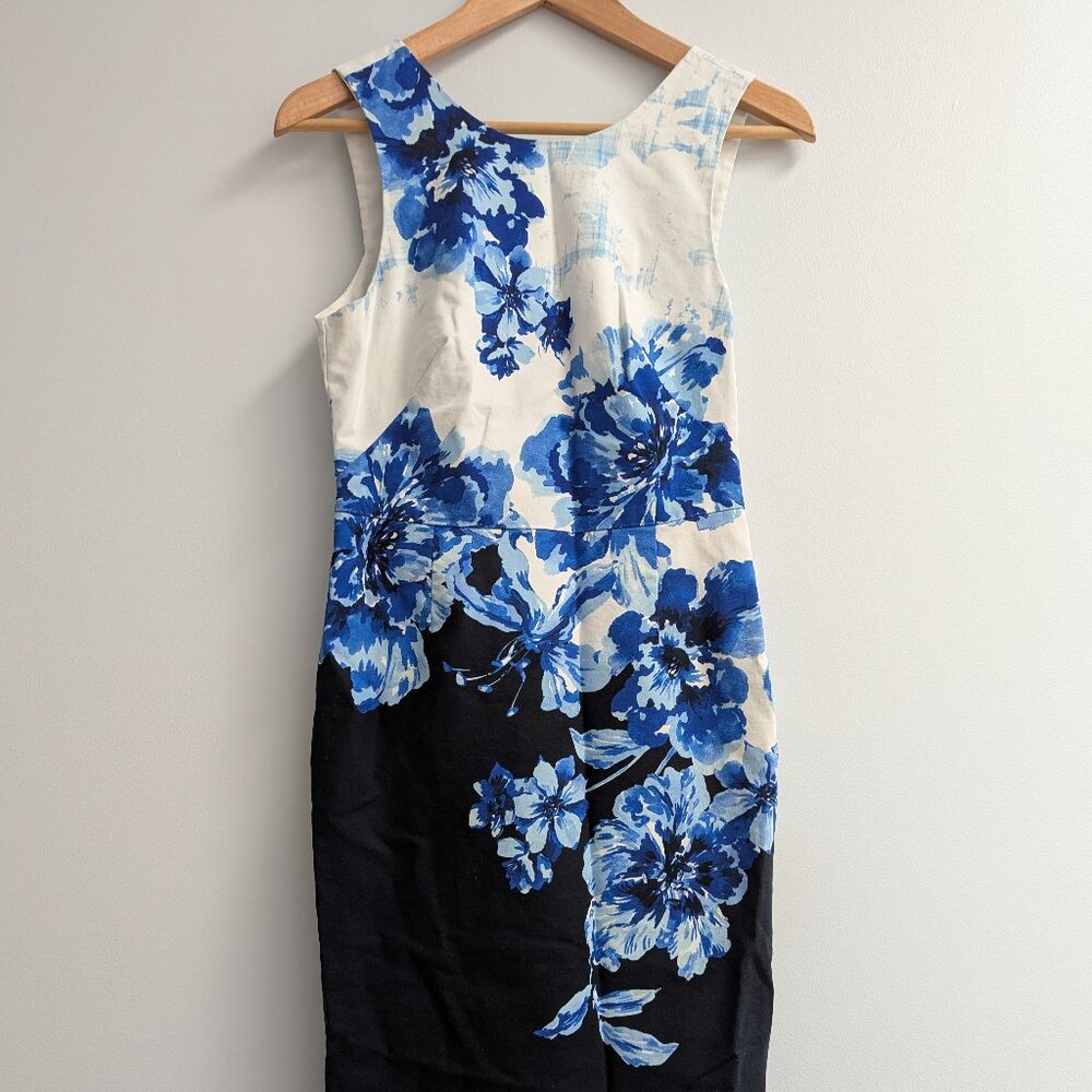 Blue and White Floral Shift Dress with Keyhole Open Back